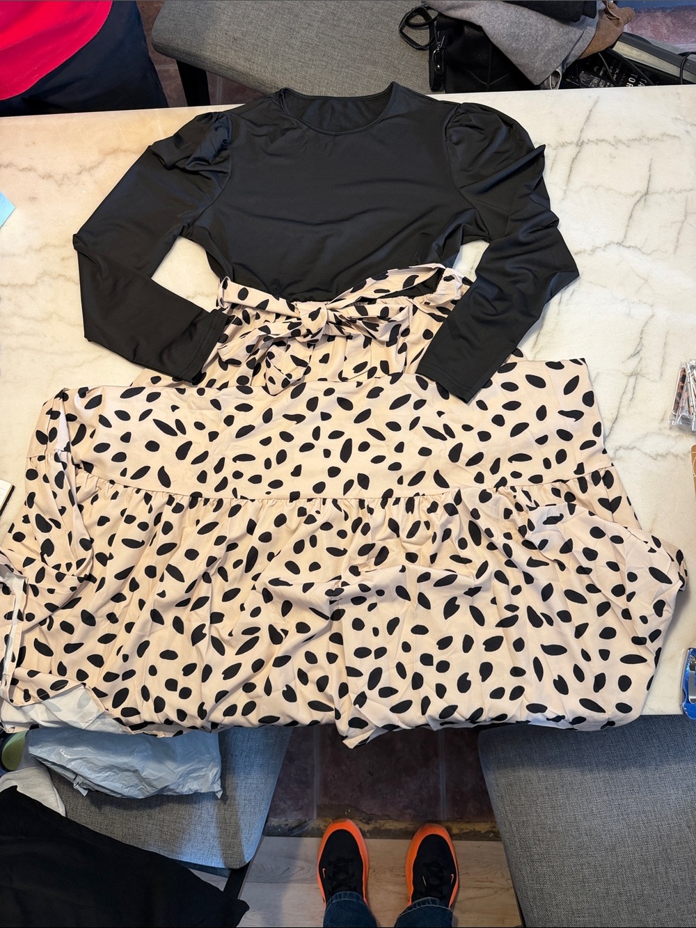 Black Long-Sleeve Top with Cream & Black Polka Dot Skirt